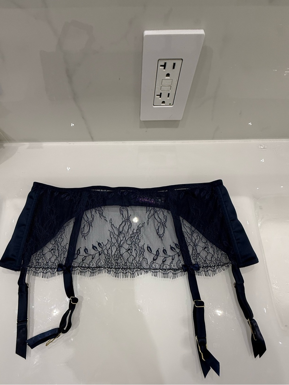 Maison-close, Sheer Navy Lace Garter Belt - Women Intimates, size L - Picture 8 of 10